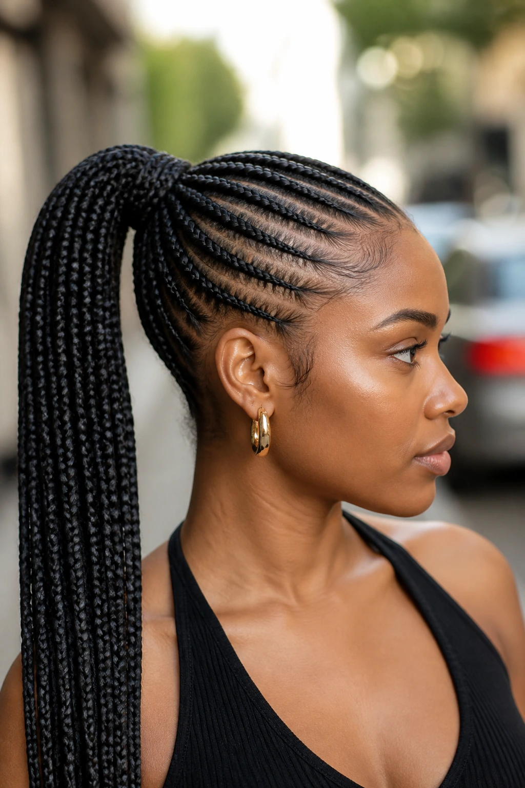 Woman with cornrow ponytail featuring feed-in length.
