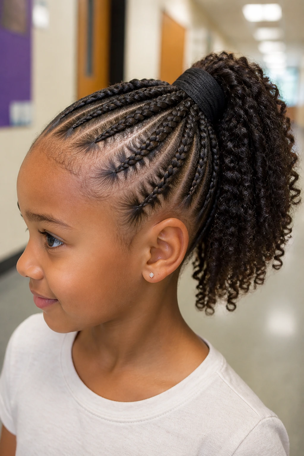 Close-up of a child with a cornrow ponytail wrapped at the base, mid-height ponytail and curly texture in a school hallway.
