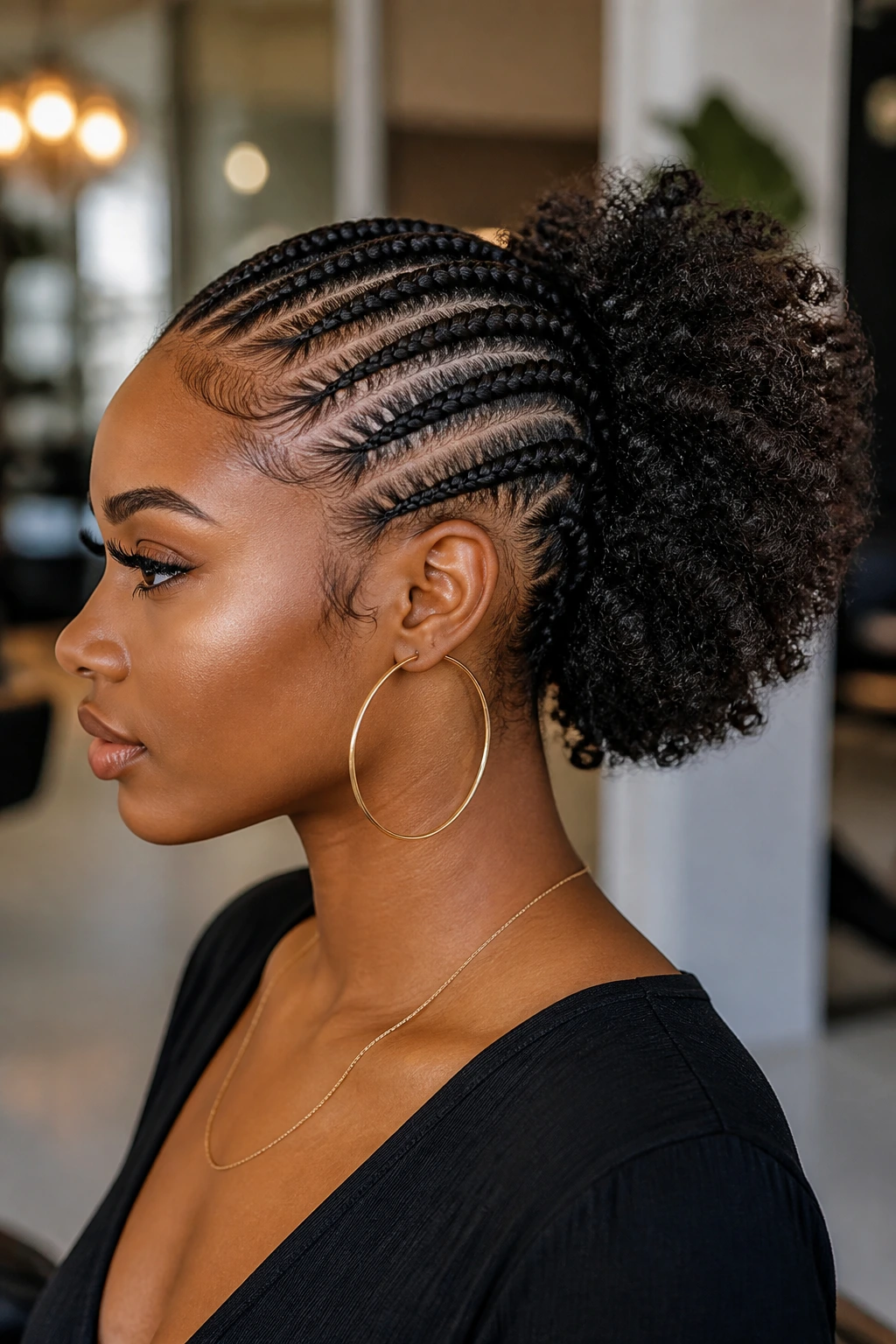 Side-profile close-up of cornrows transitioning to a puff ponytail on a real person
