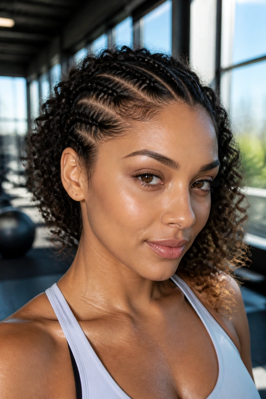 Close-up portrait of a real woman with front cornrows tucked behind into curls.