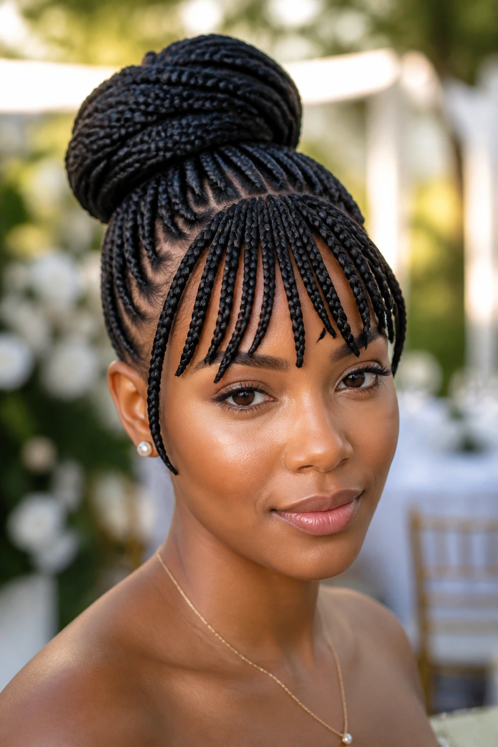 Portrait of a real person with cornrow updo and braided bangs