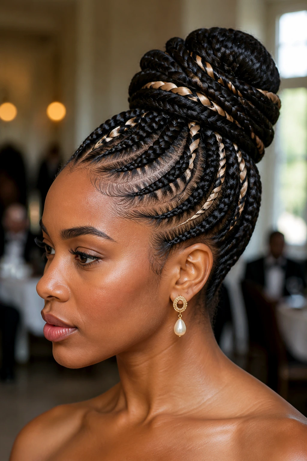 Close-up of a real woman with cornrow updo and peekaboo ribbons
