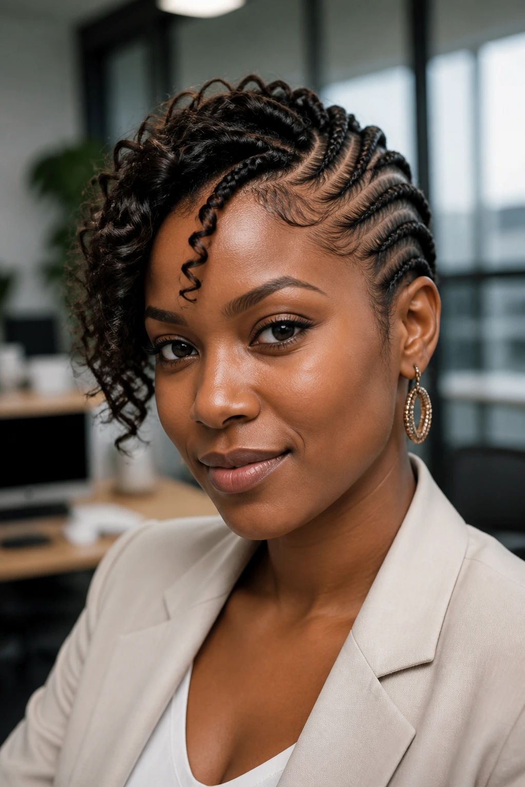 Close-up of a real woman with asymmetrical cornrows and a curly sweep in a modern office