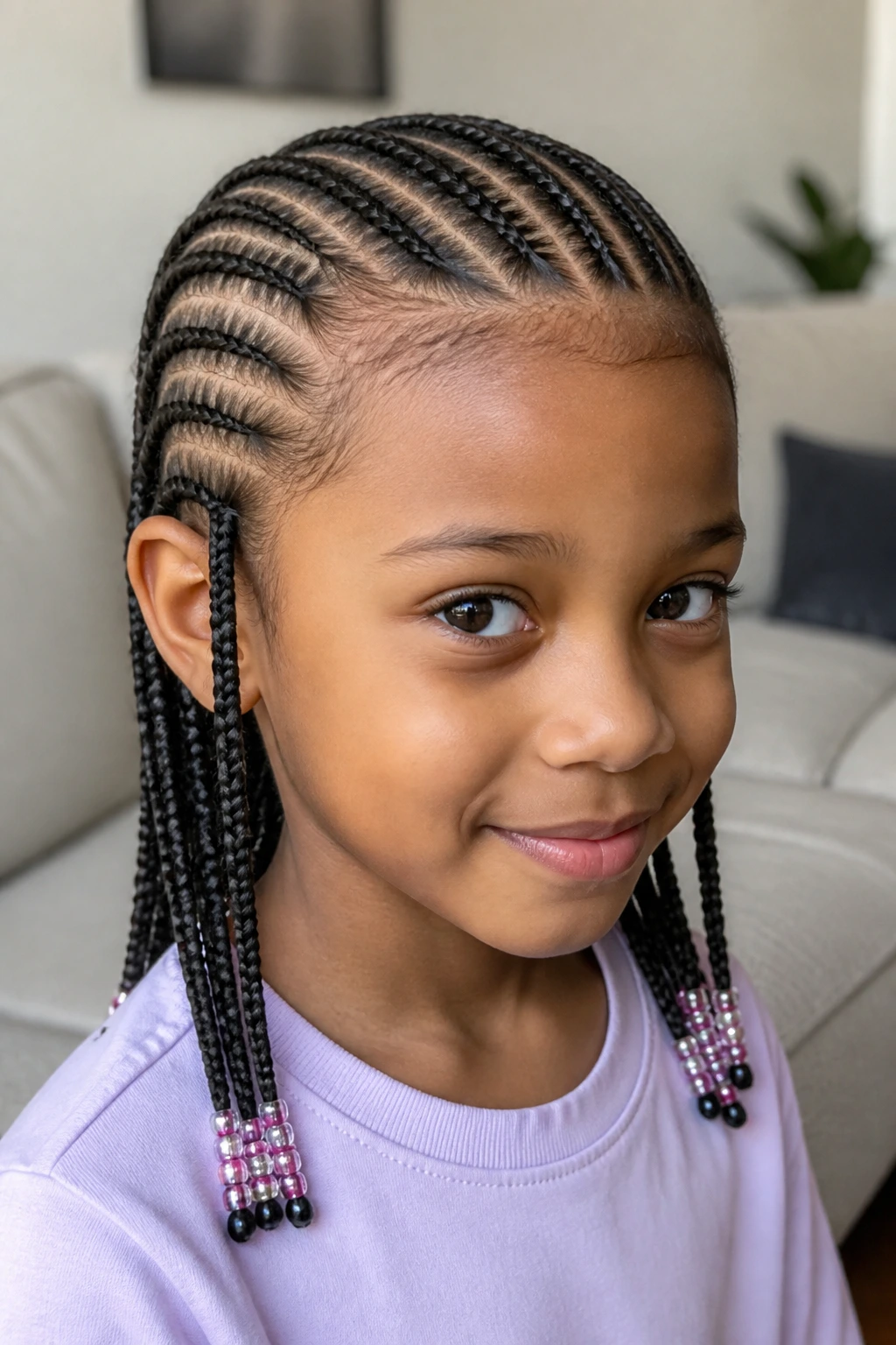 Child with straight-back cornrows and bead-ready ends.
