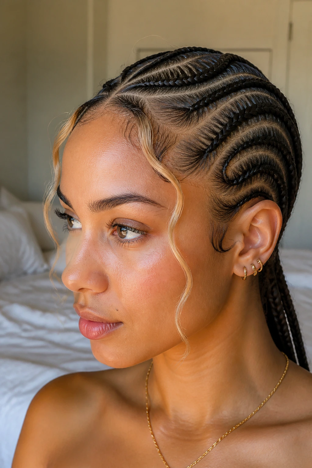 Close-up of a real woman with S-curve cornrows and beige face strands in soft window light.