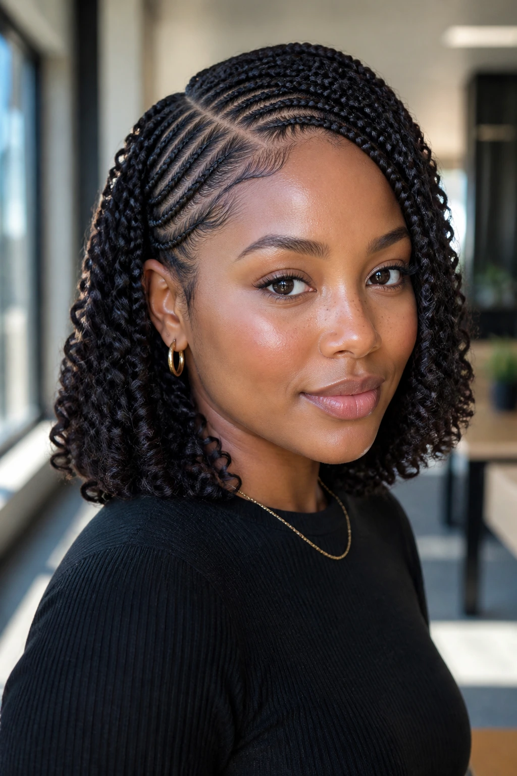 Close-up of deep side part cornrows with blunt curls on a real woman in a sunlit office.