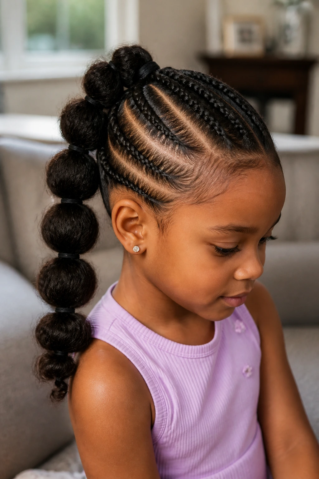 Close-up of side-part cornrows flowing into a bubble ponytail on a real girl.