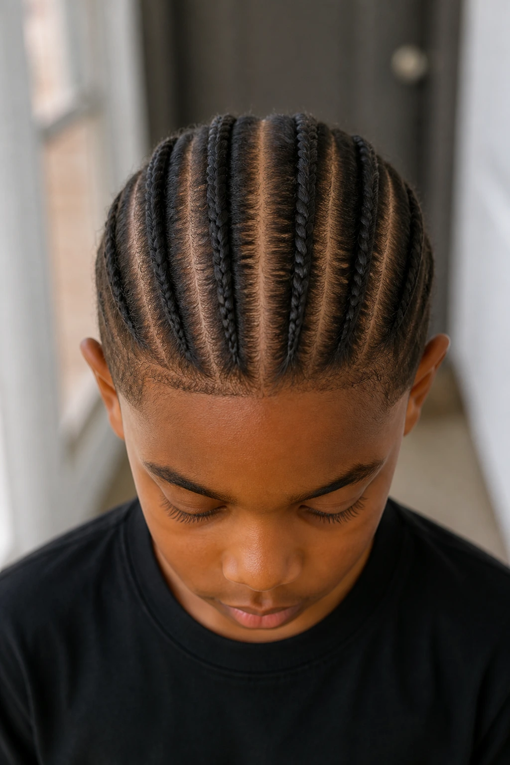 Real boy with straight-back cornrows and center part in bright hallway