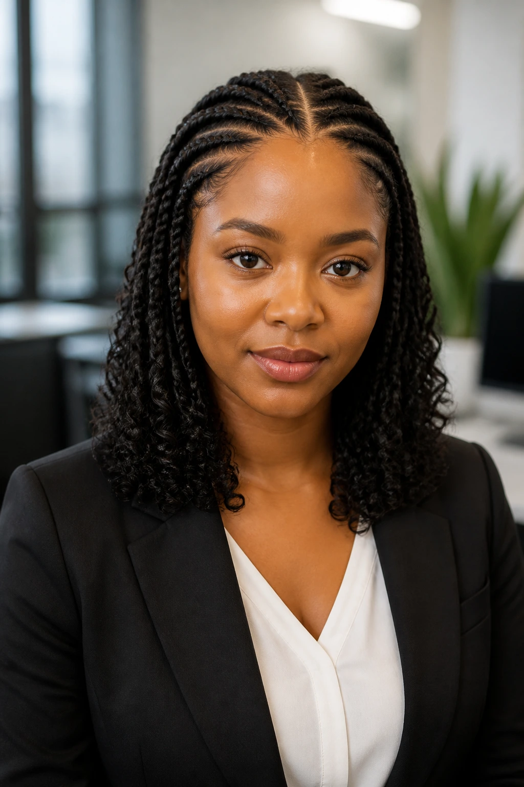 Portrait of a woman with center-parted chunky cornrows in an office setting.