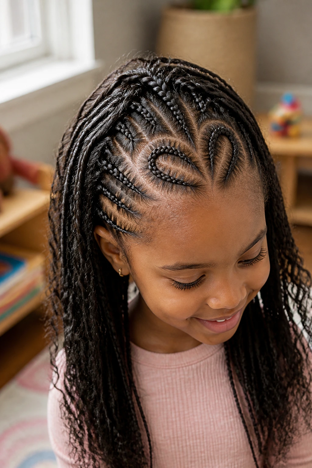 Close-up portrait of a young girl with double-heart parts and cornrows in a sunlit playroom.