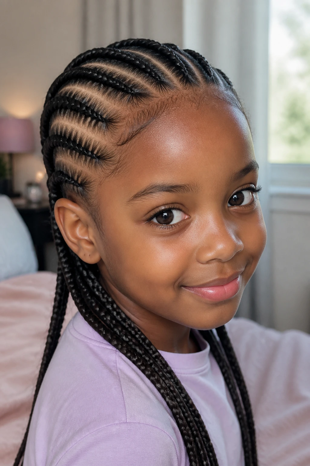 Close-up of a real child with neat cornrows, highlighting long-lasting protective braids