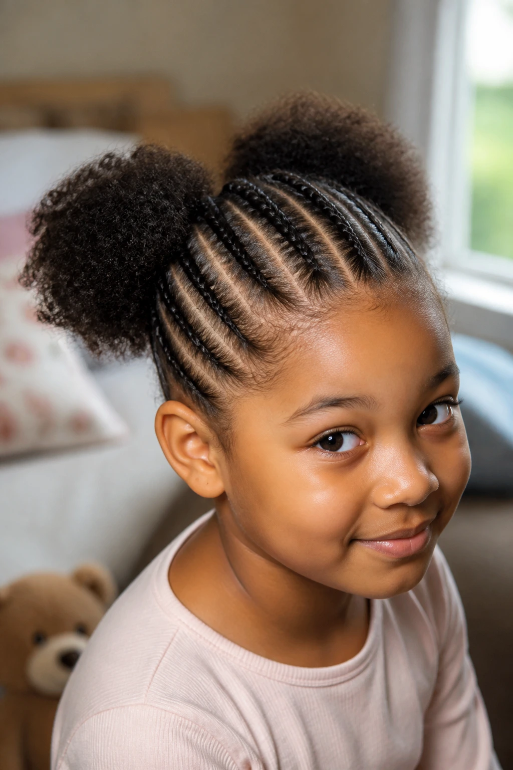 Close-up of a young girl with six straight-back cornrows and two back puffs in a sunlit bedroom