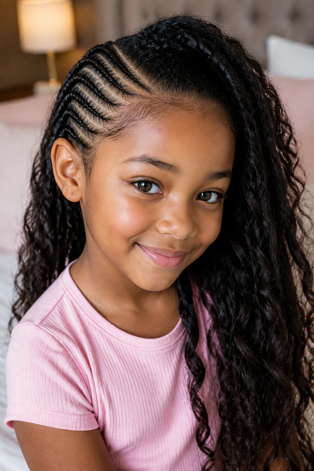 Close-up portrait of a young girl with a deep side part and one-sided cornrows in a cozy bedroom.