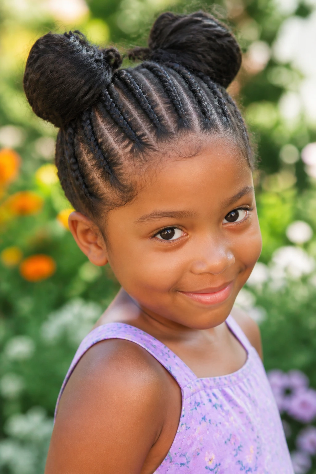 Portrait of a child showing front cornrows that lead into two high twin buns in a sunny garden.