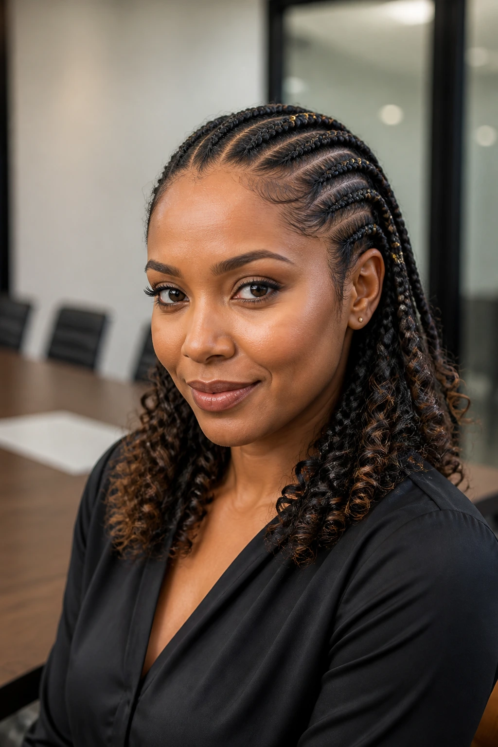 Close-up of work-week cornrows with subtle cuffs on a real woman in a conference room.
