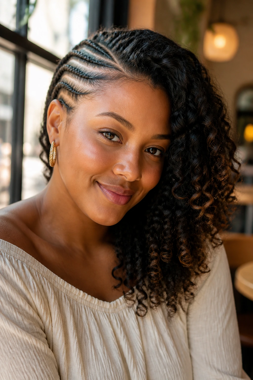 Portrait of a woman with side-swept cornrows on one side and loose curls on the other, diagonal frame