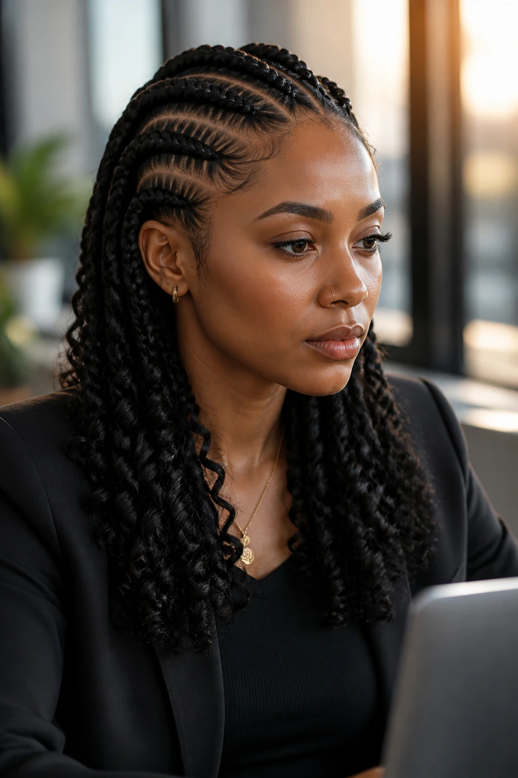 Portrait of a woman with neat chunky cornrows and curls at 5 PM in an office.