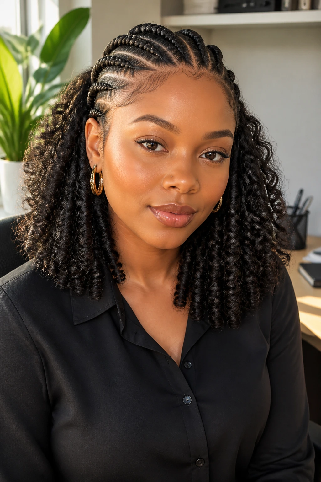 Close-up of a real woman with soft-edge chunky cornrows and shoulder-length curls in a sunlit office setting