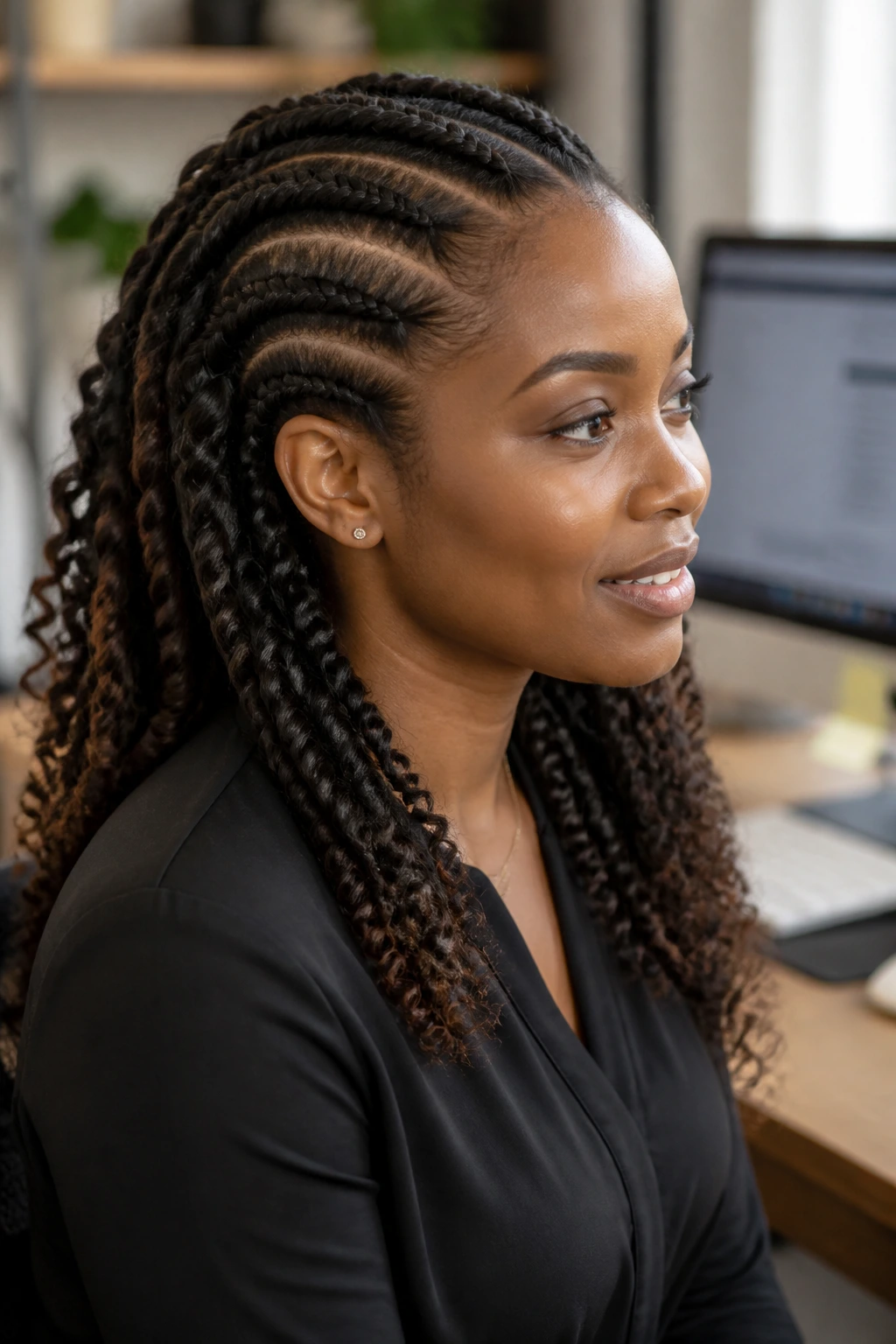 Real woman with chunky cornrows and curls in a workday-ready portrait