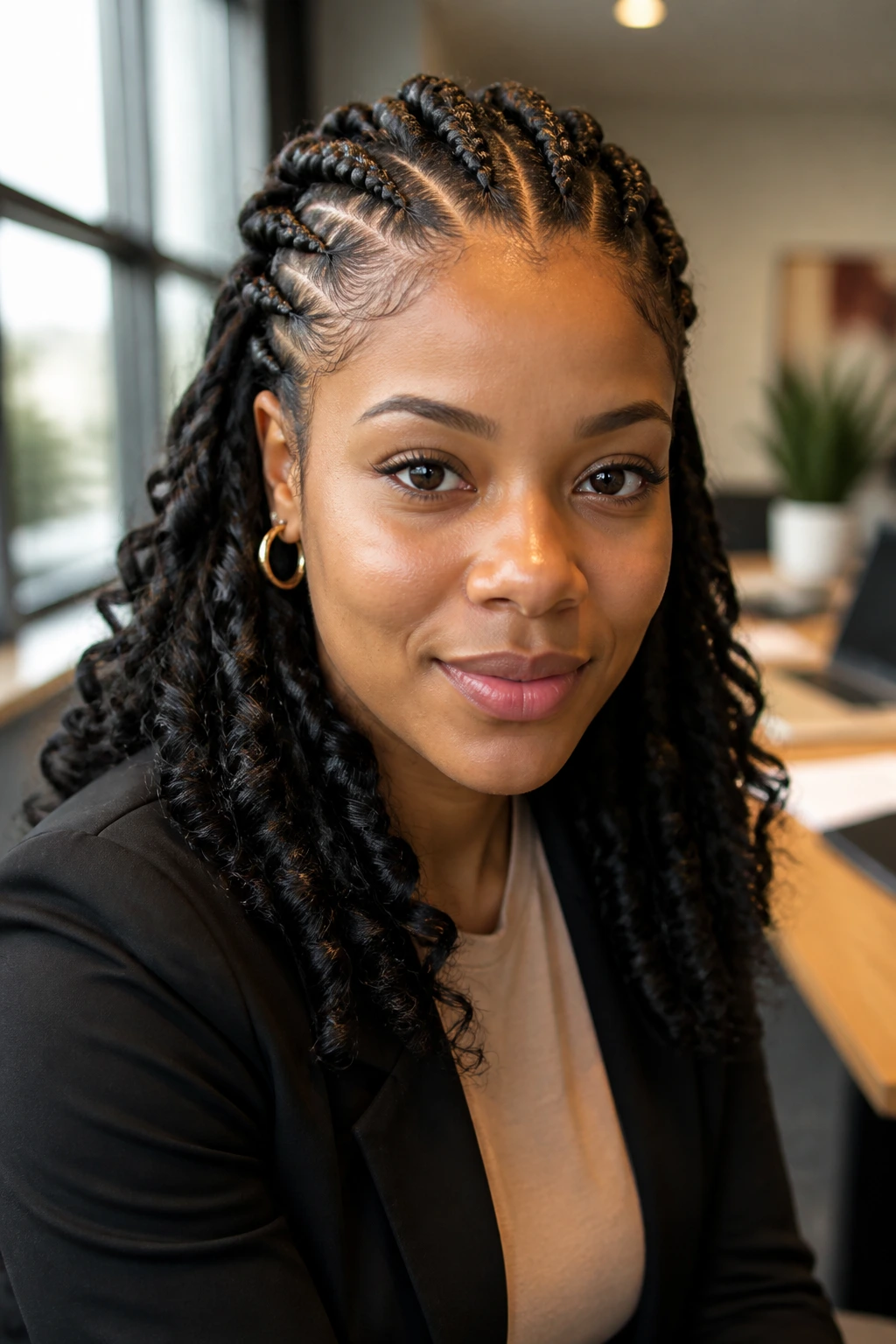 Close-up of a real woman with neat cornrow-and-curl hairstyle in an office setting
