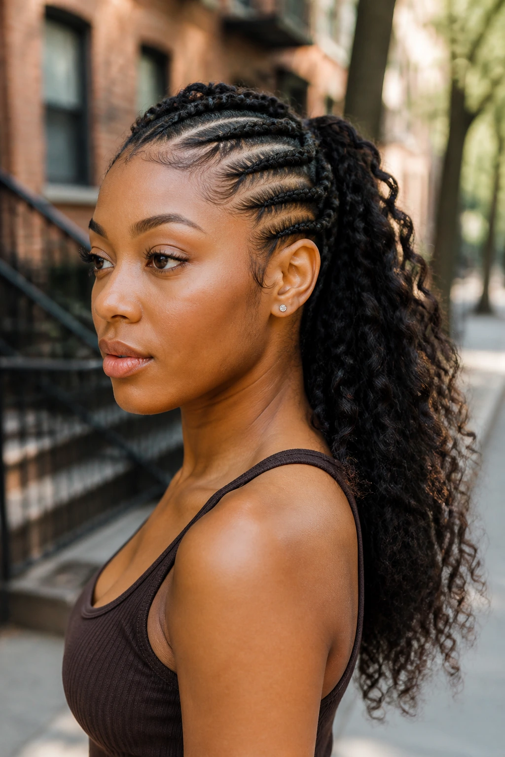 Close-up of a real woman with side cornrows feeding into a curly ponytail