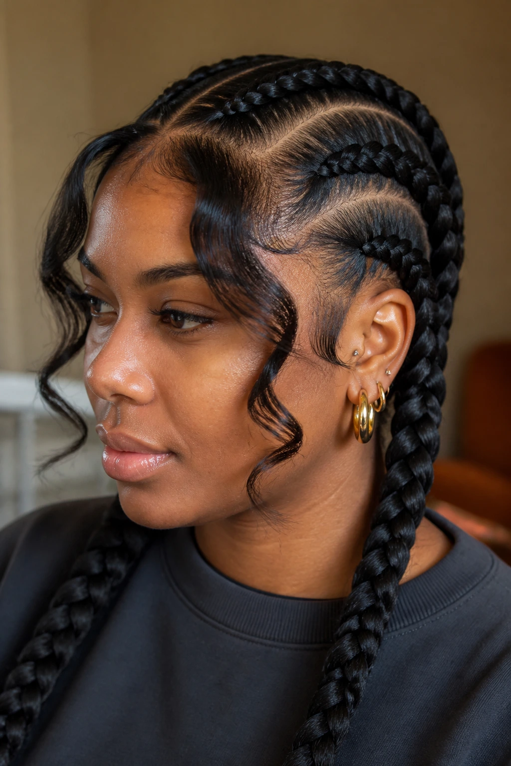 Real woman with jumbo feed-in cornrows and curled curtain bangs