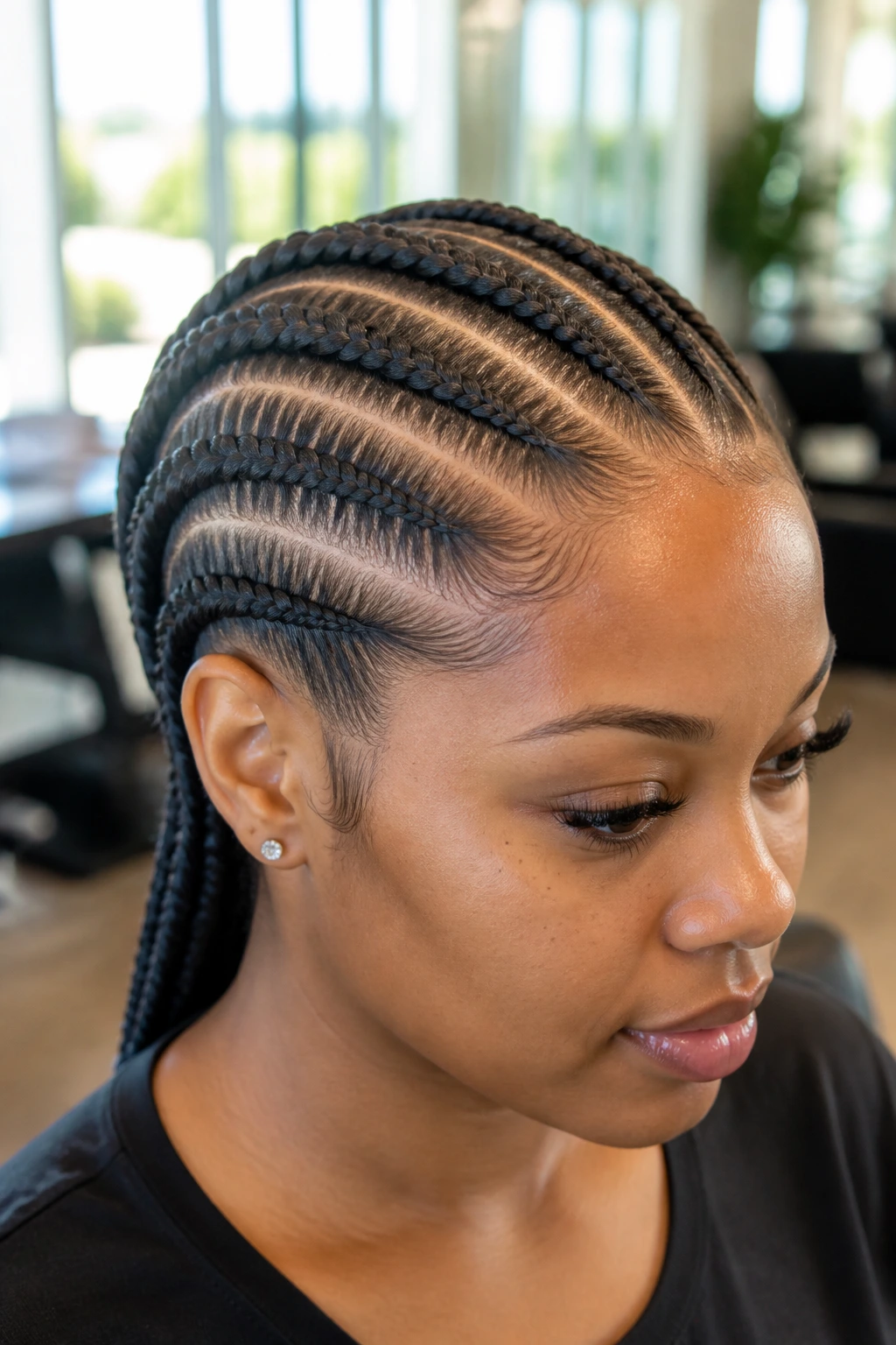 Close-up of real person with straight-back cornrows in a bright salon