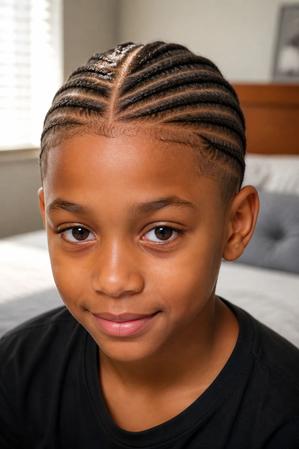 Close-up of a real boy's head with neat cornrows and center part on fine hair