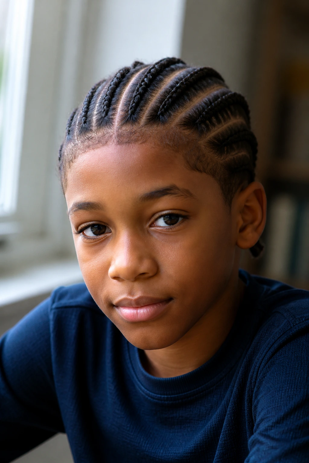 Close-up portrait of a real boy with crisp cornrows and neat parts on fine hair.