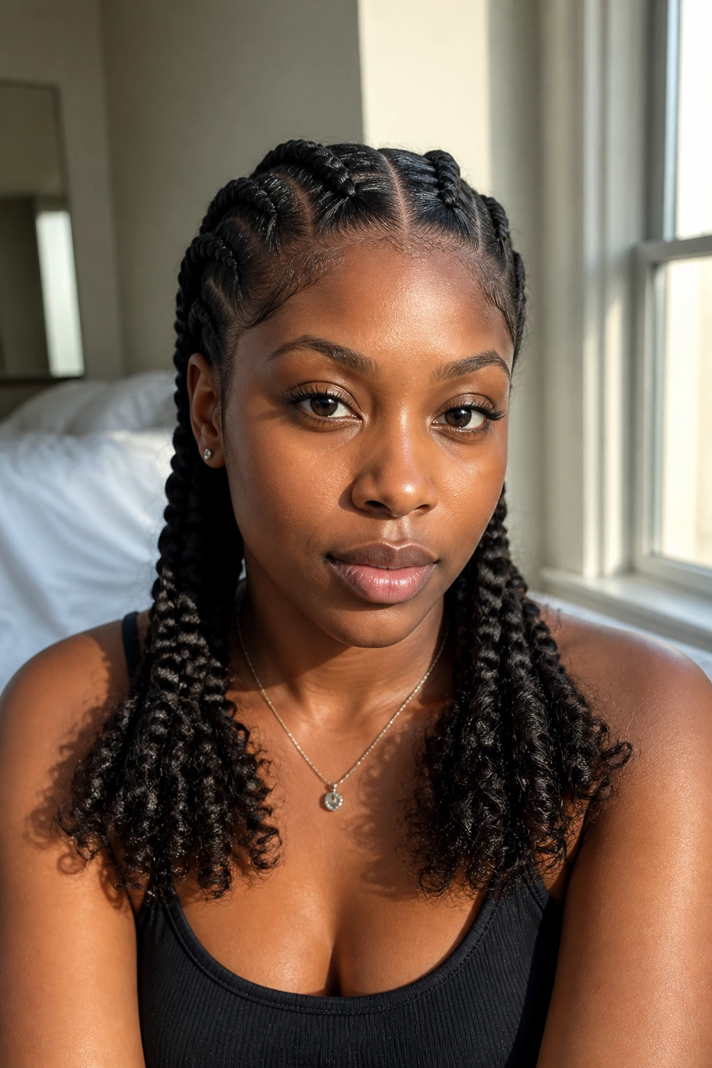 Close-up of a real person with two big cornrows and flared curly ends on short natural hair