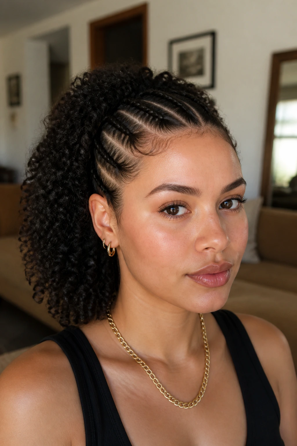 Close-up of real person with front cornrows and curly back