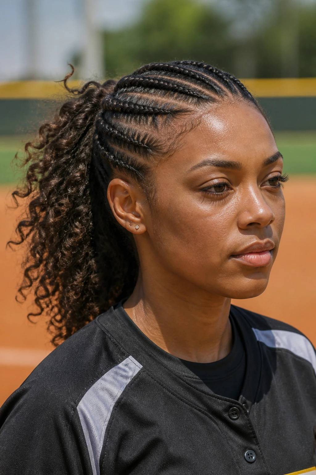 Close-up of an athlete with front cornrows and back loose curls