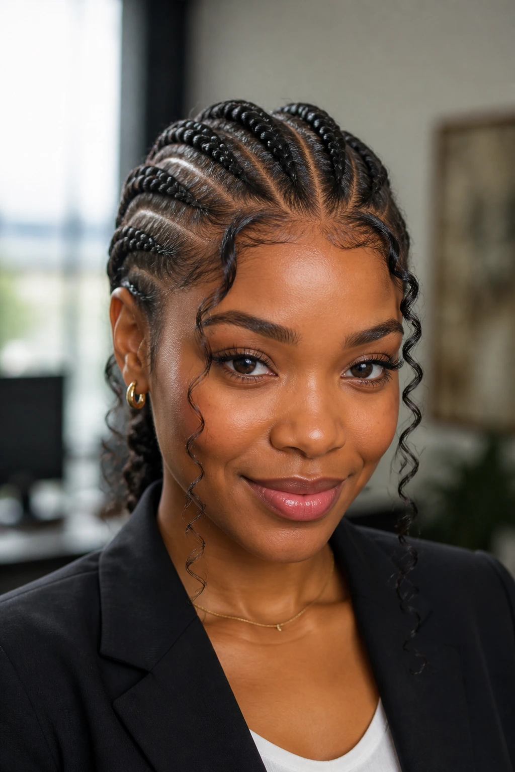 Close-up of a real woman with front-focused cornrows and face-framing curls in a workplace