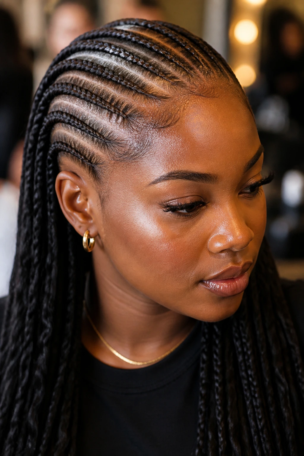 Close-up portrait of a real woman with straight-back cornrows and a glossy crown under soft window light