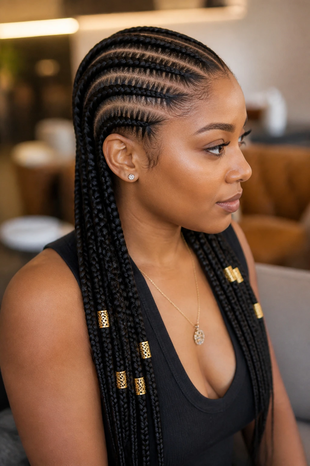 Close-up of straight-back cornrows with gold cuffs