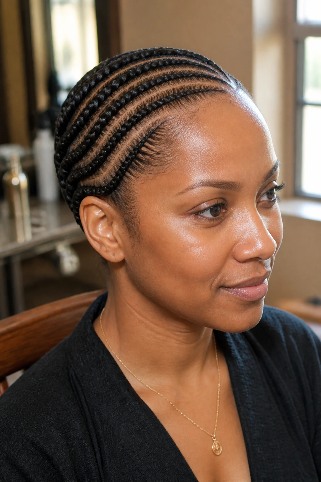 Close-up portrait of a real woman with parallel halo cornrows around the crown.