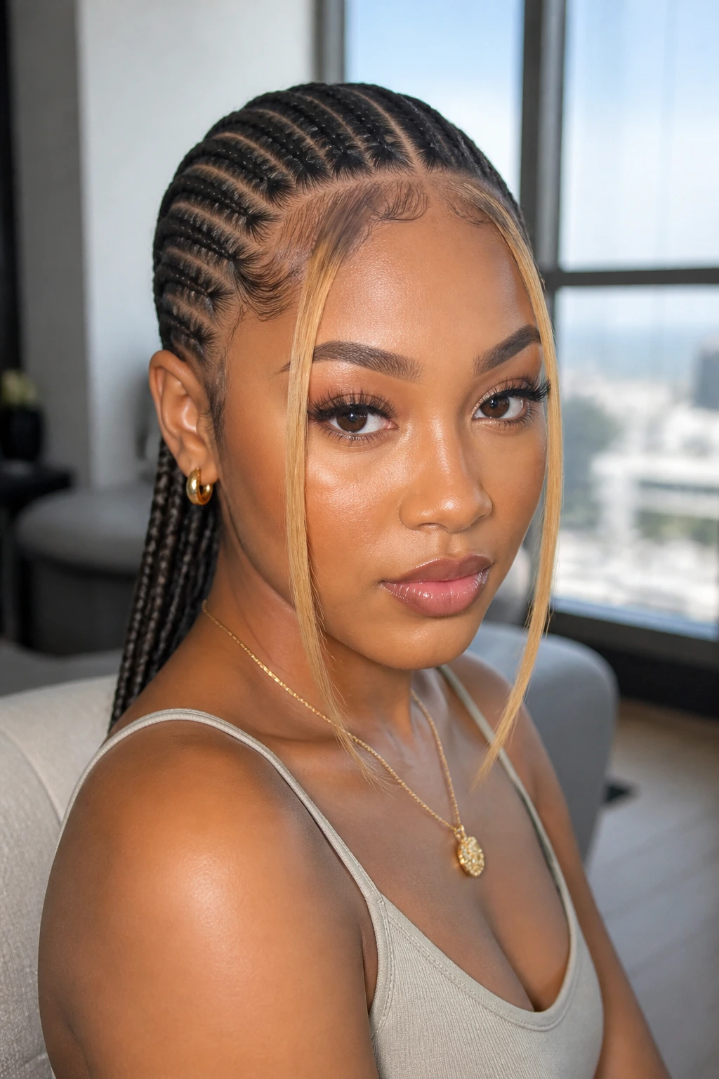 Real person with straight-back cornrows and honey-blonde face frames