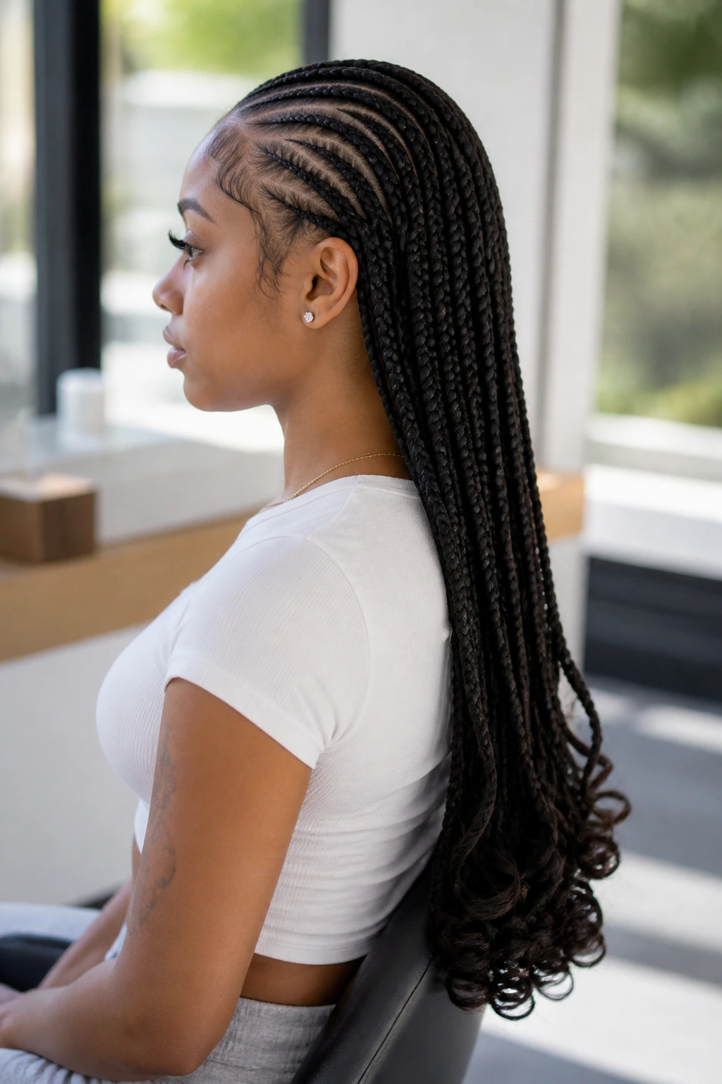 Side profile of a real woman with long straight-back cornrows and curled ends