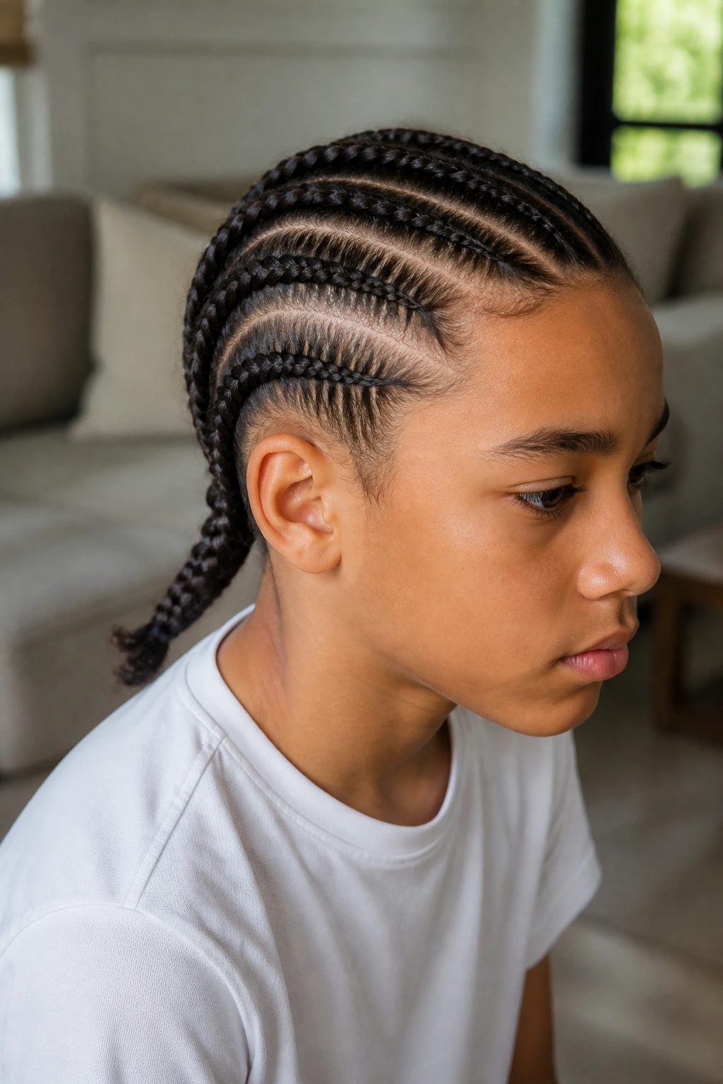 Cornrows pulled into a low braided tail on real boy