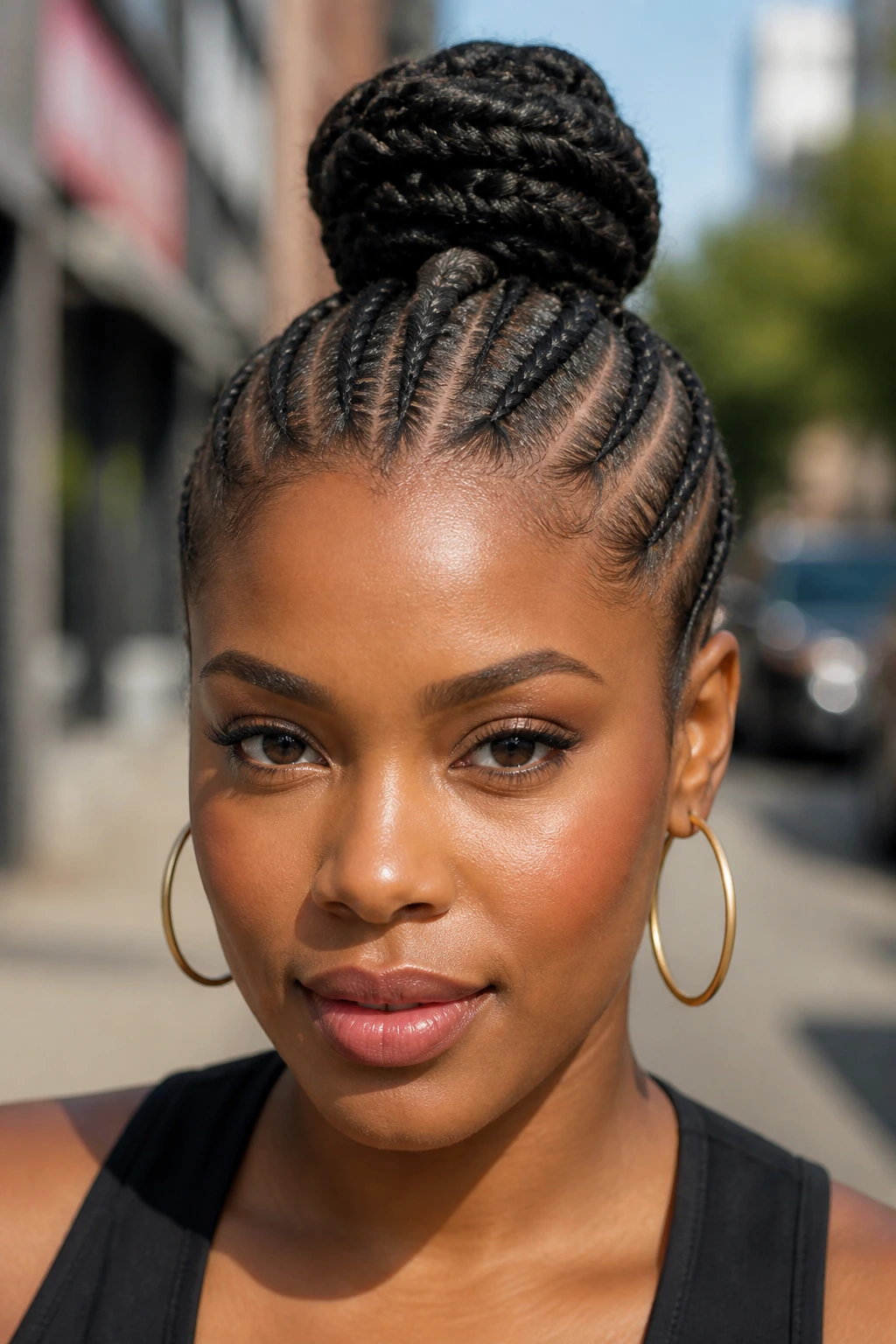 Close-up of a real person with a cornrow mohawk bun