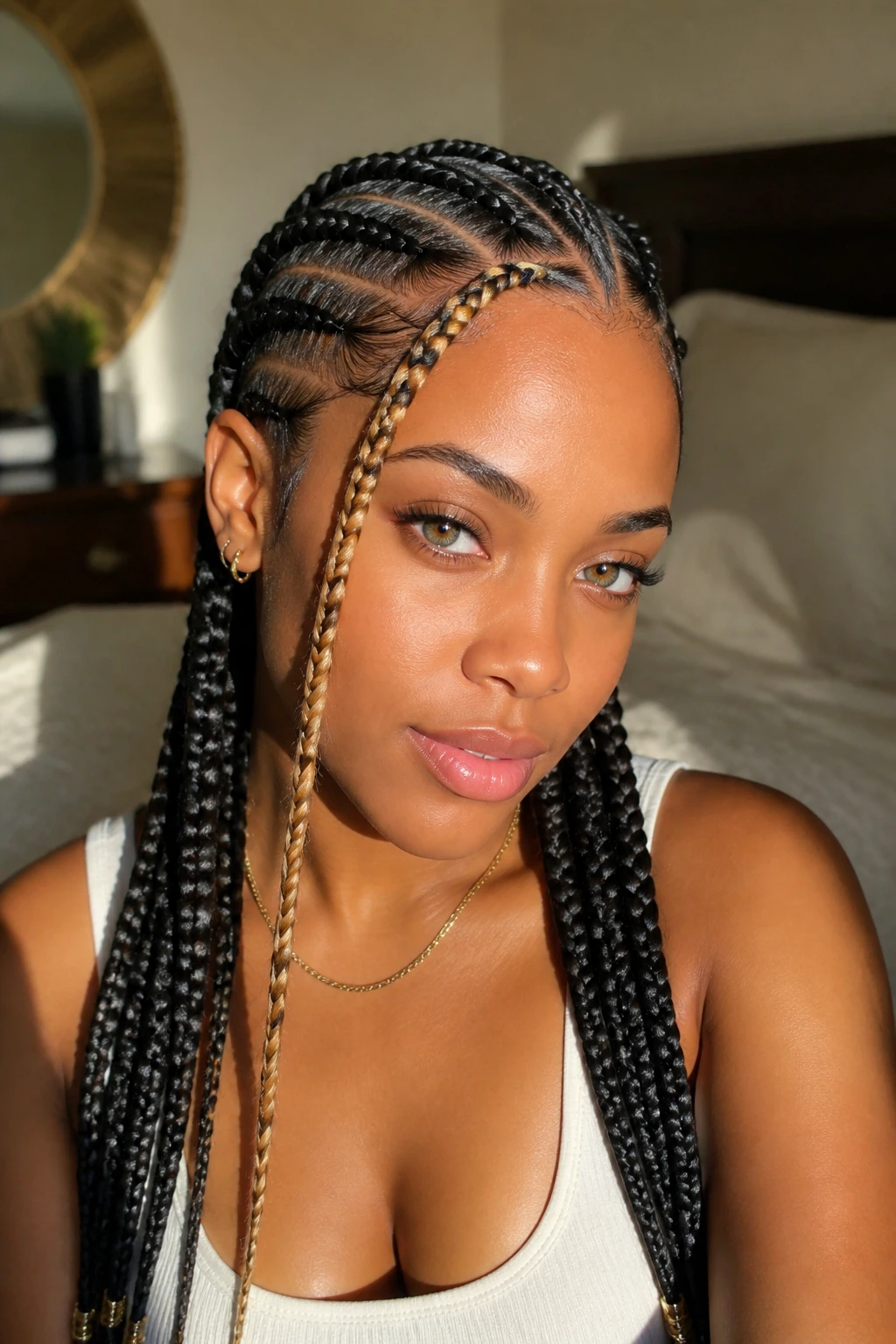 Close-up portrait of real person with cornrows and money-piece highlights