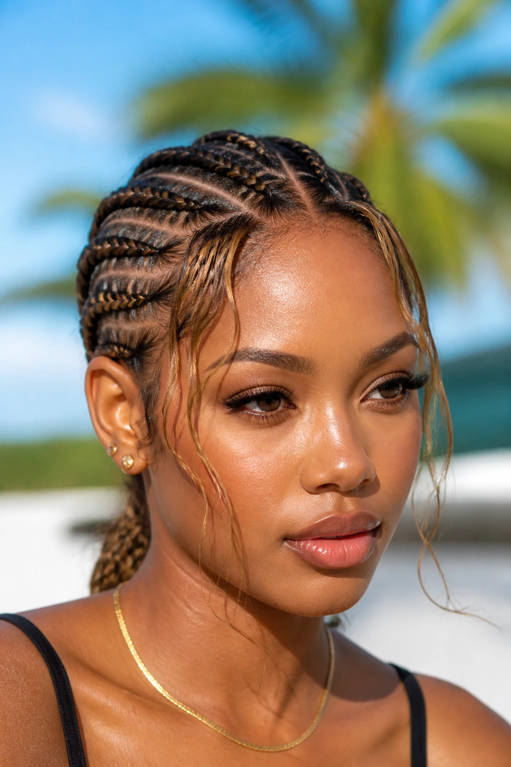 Portrait of a real woman with cornrows and money pieces in warm daylight.