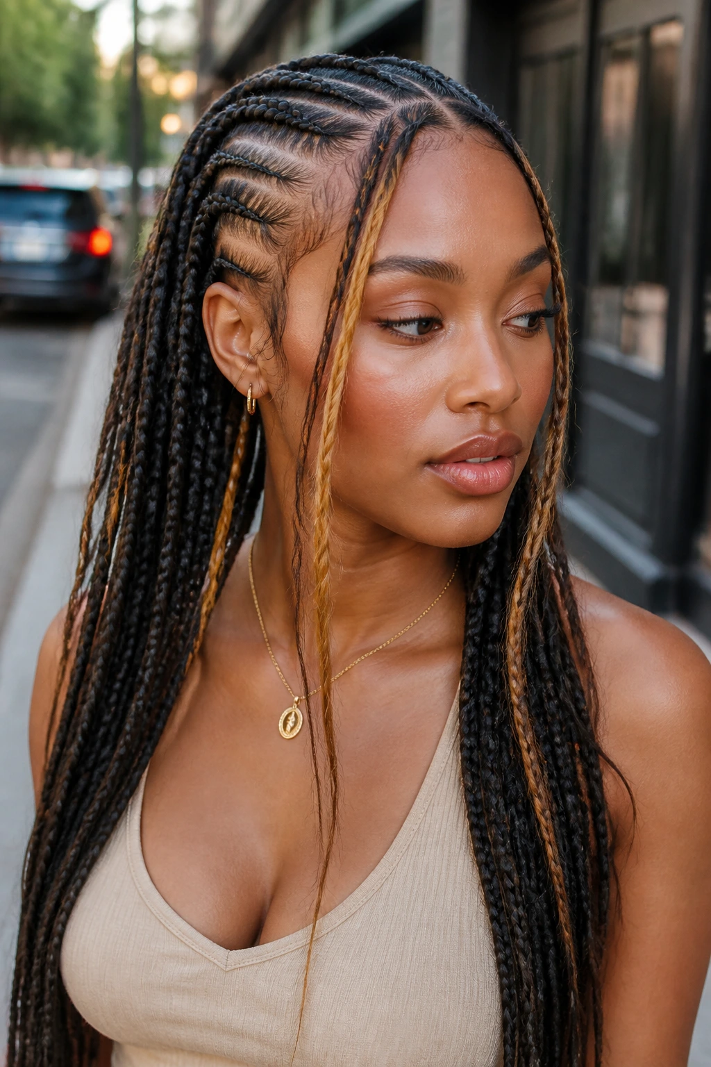 Portrait of a real person with cornrows and money pieces styled for everyday wear.