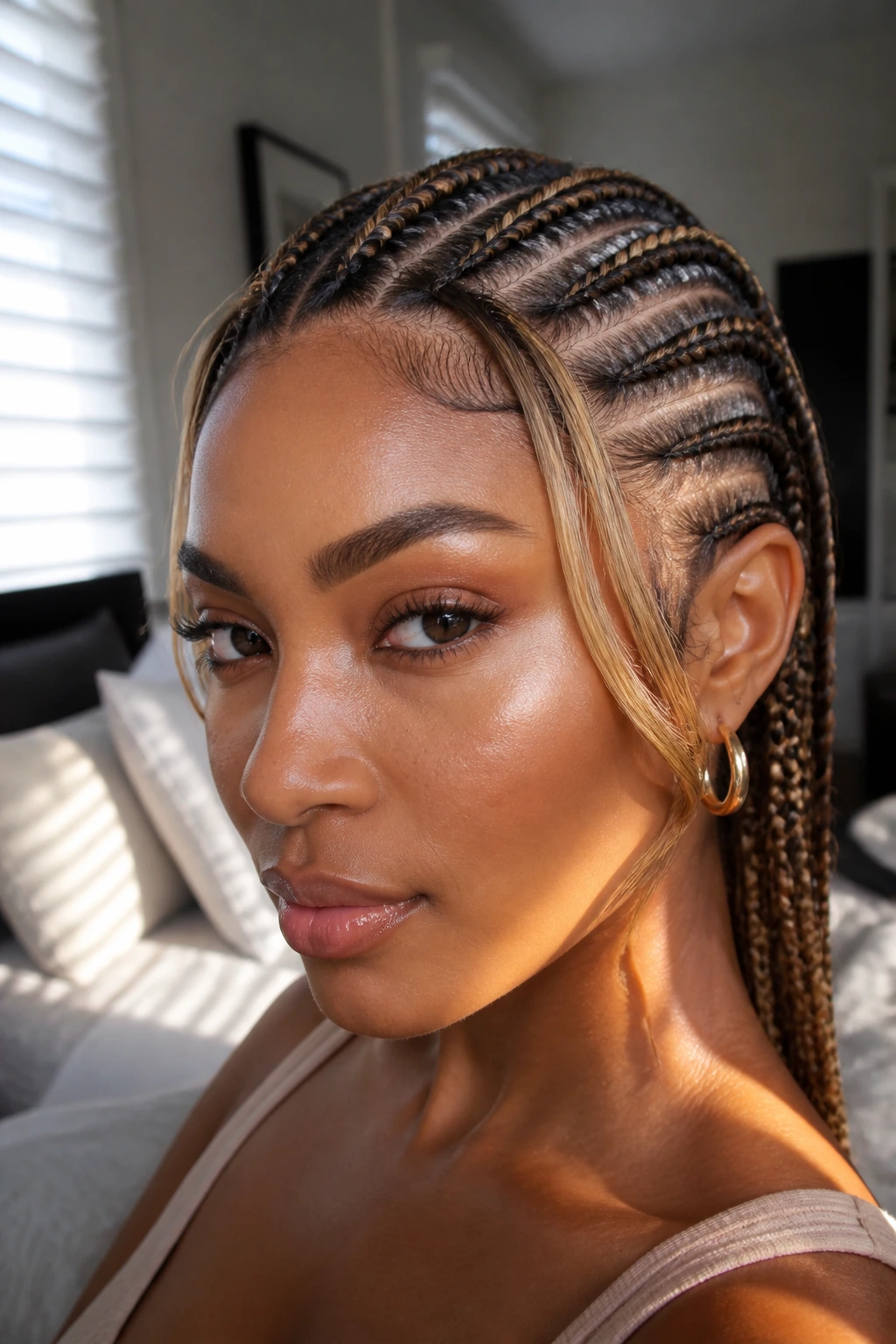 Close-up of woman with sleek cornrows and wide money piece near cheekbones in window light
