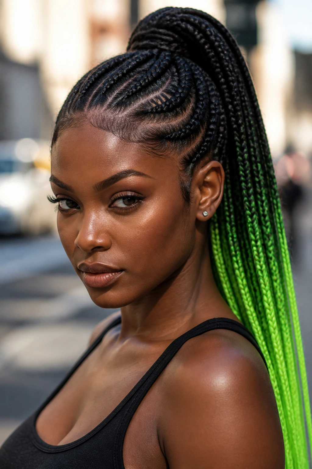 Real woman with cornrows and neon green ends in a high ponytail under urban daylight