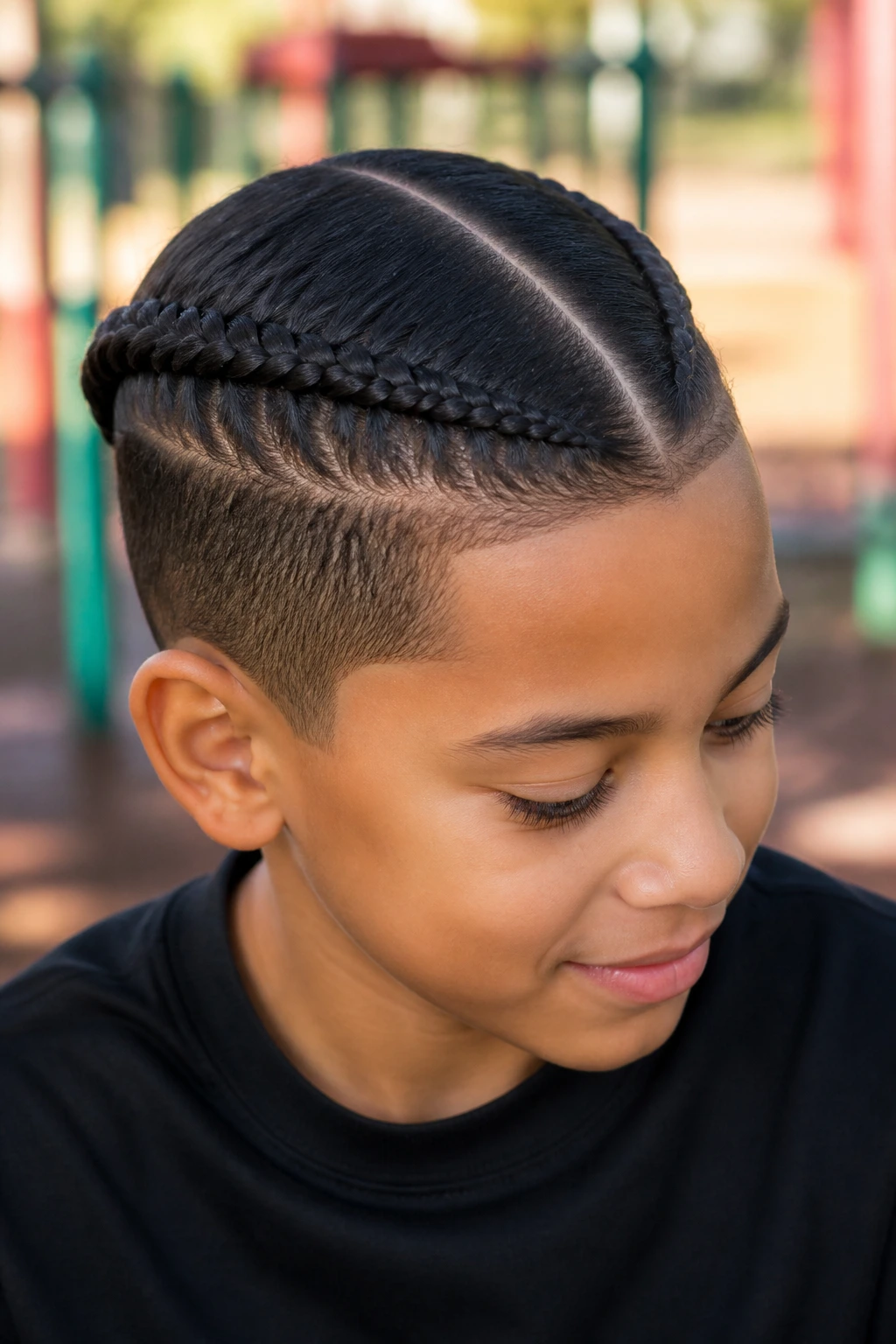 Real boy with two side cornrows and deep off-center part in outdoor light