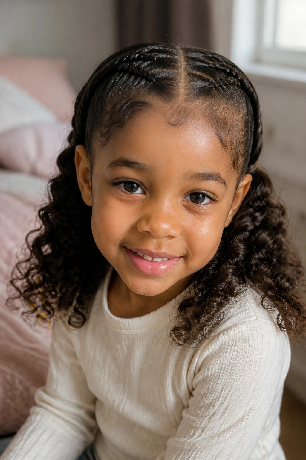 Close-up of a girl with two cornrows and curly ends