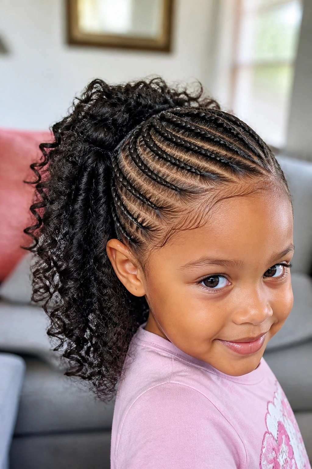 Close-up of a young girl with side-swept cornrows that lead into a curly ponytail, indoors by a window.