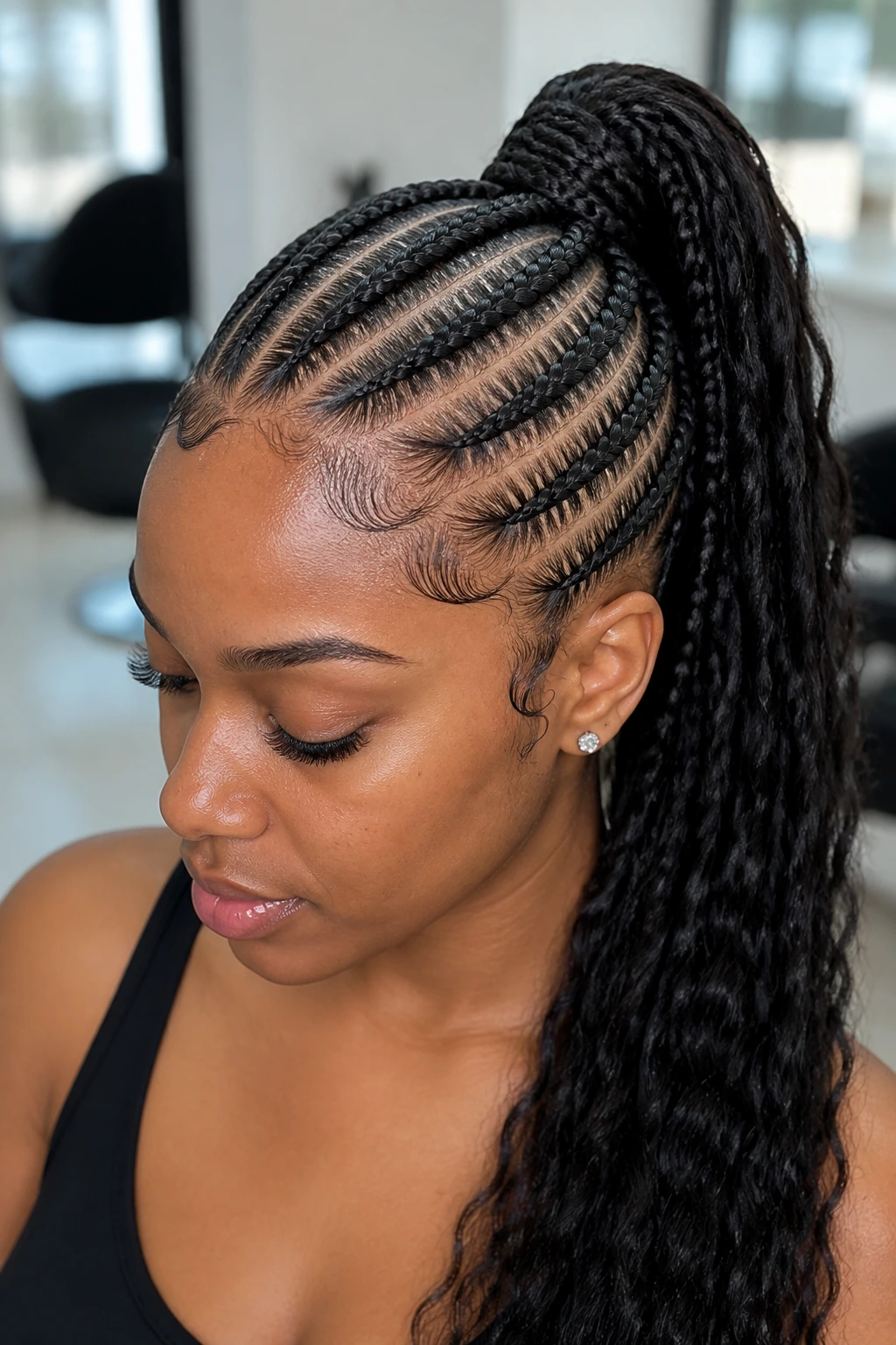 Close-up of a real woman with feed-in cornrows into a sleek ponytail in a bright salon.