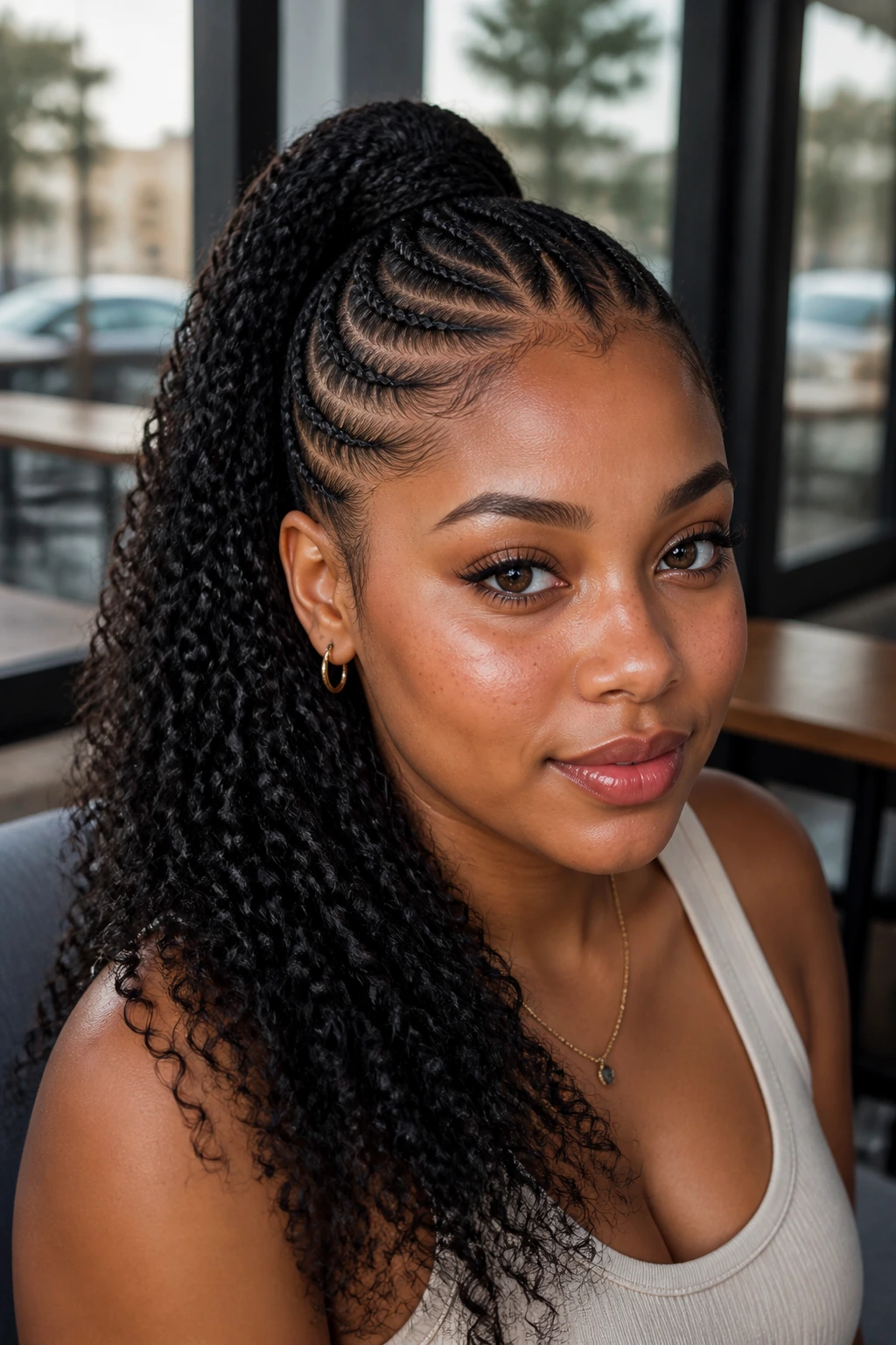 Close-up portrait of a woman with cornrows and a high ponytail